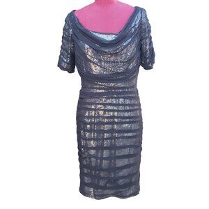 Tadashi Shoji Dress Black Silk Sequin Ruched Sheath Short Sleeves 8